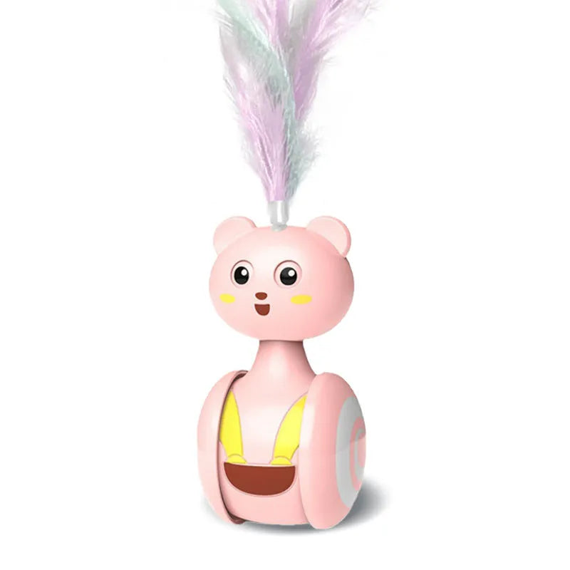 Rotating cat interactive feather wand toy with bumbler design in pink or blue colour options