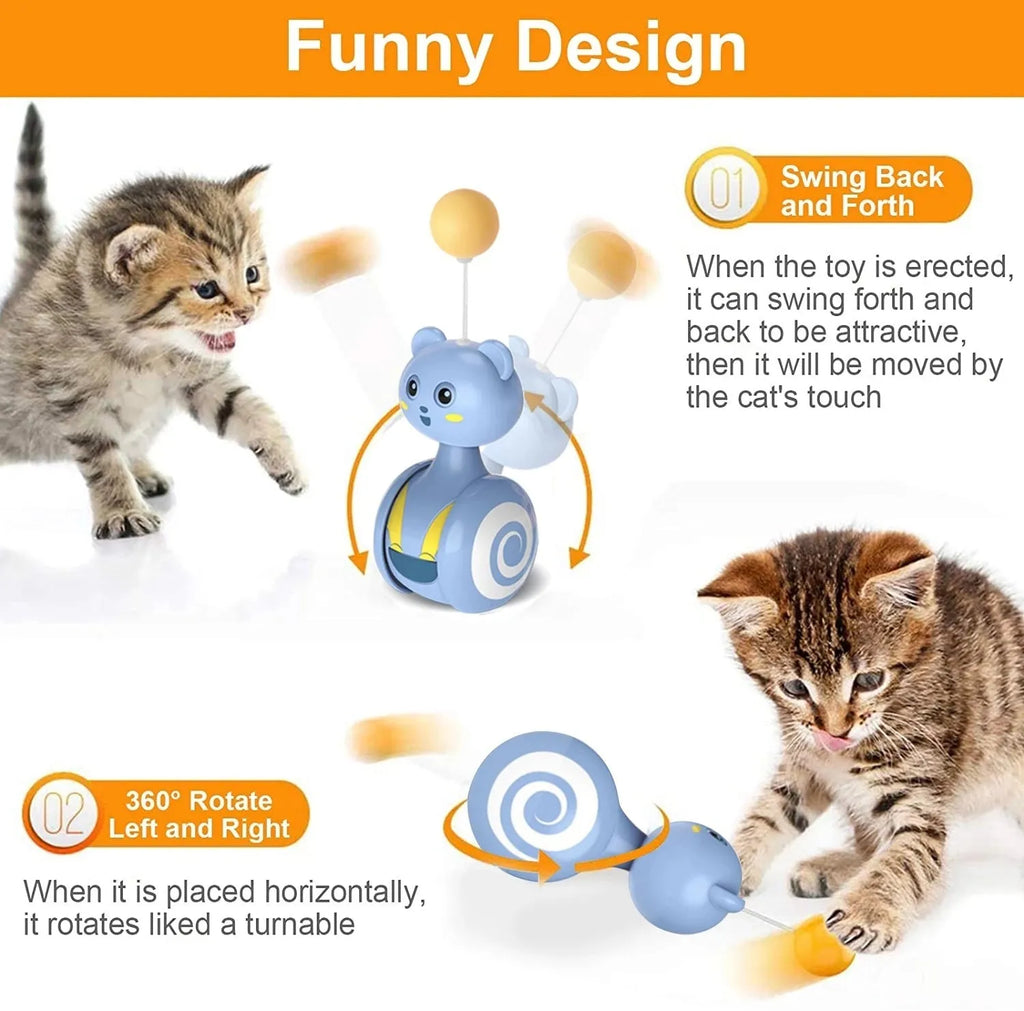 Rotating cat interactive feather wand toy with bumbler design in pink or blue colour options