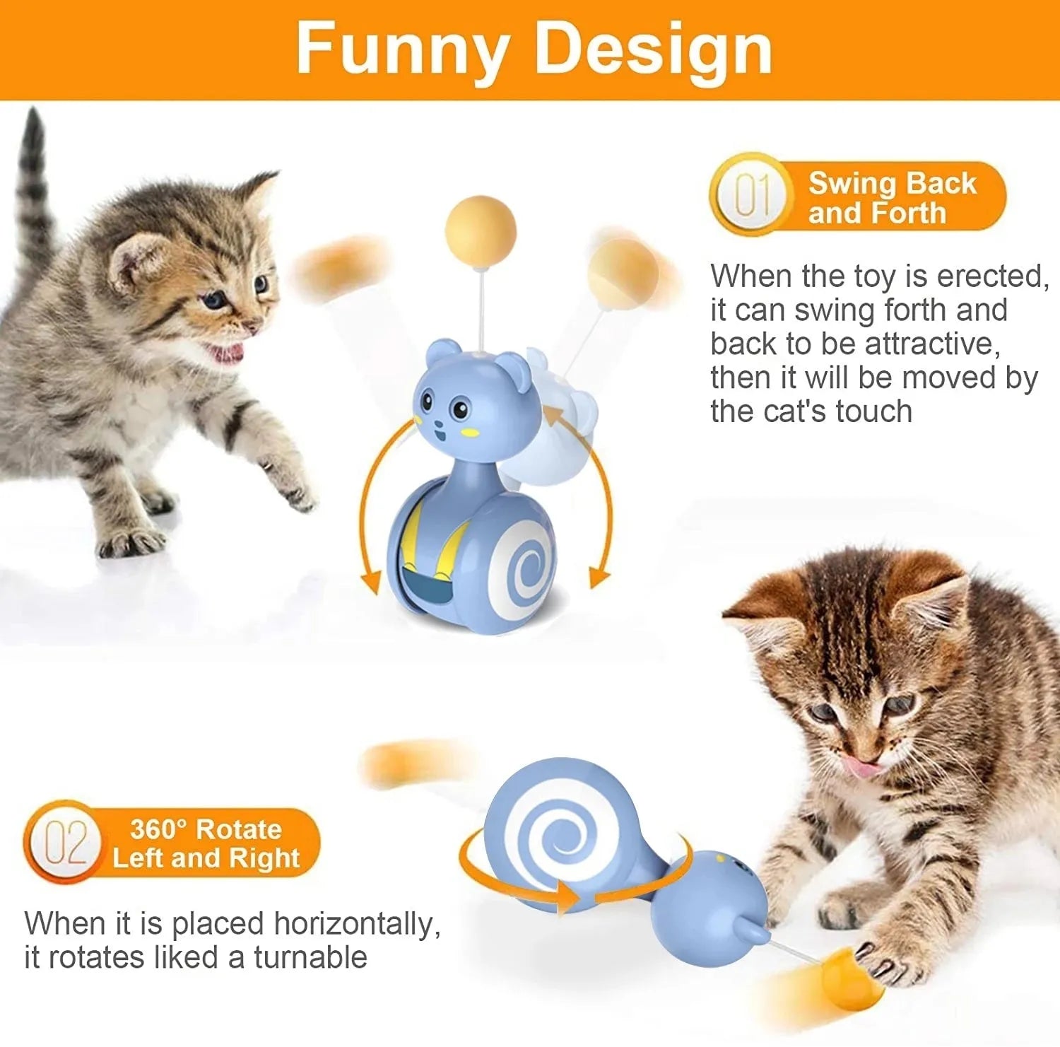 Rotating cat interactive feather wand toy with bumbler design in pink or blue colour options