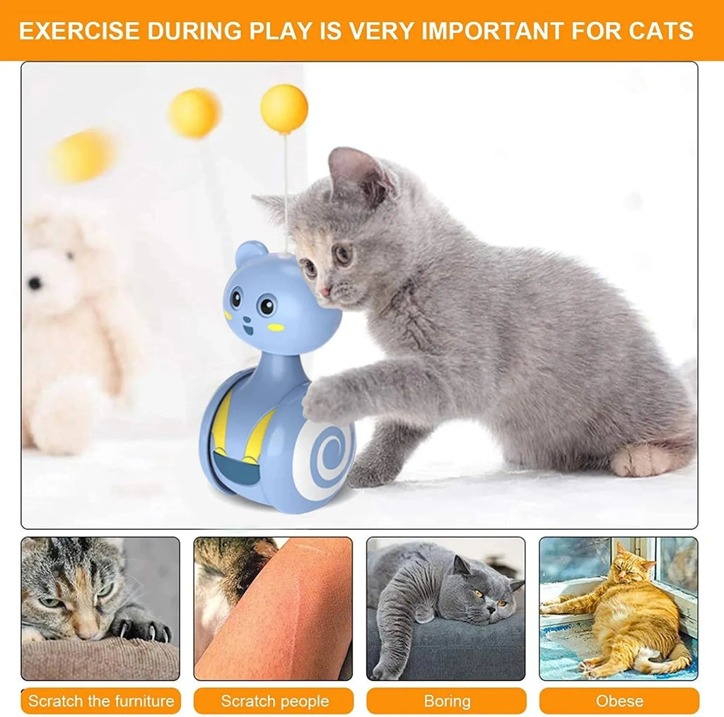 Rotating cat interactive feather wand toy with bumbler design in pink or blue colour options