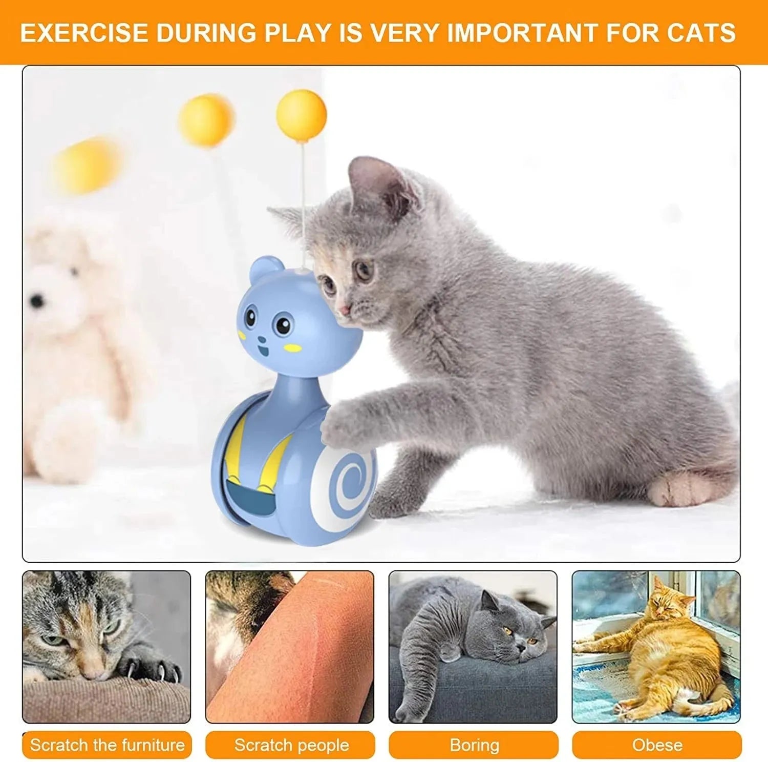 Rotating cat interactive feather wand toy with bumbler design in pink or blue colour options
