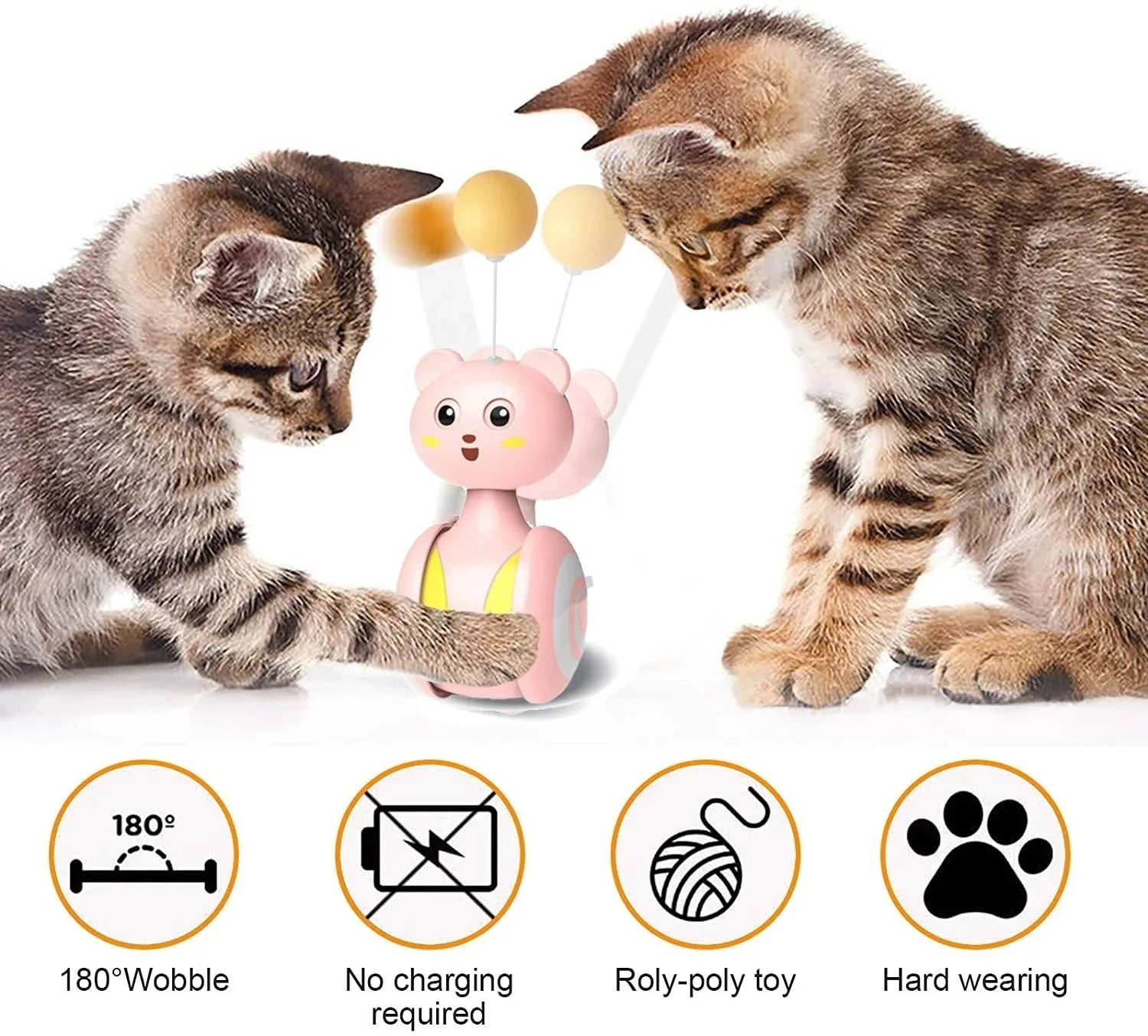 Rotating cat interactive feather wand toy with bumbler design in pink or blue colour options