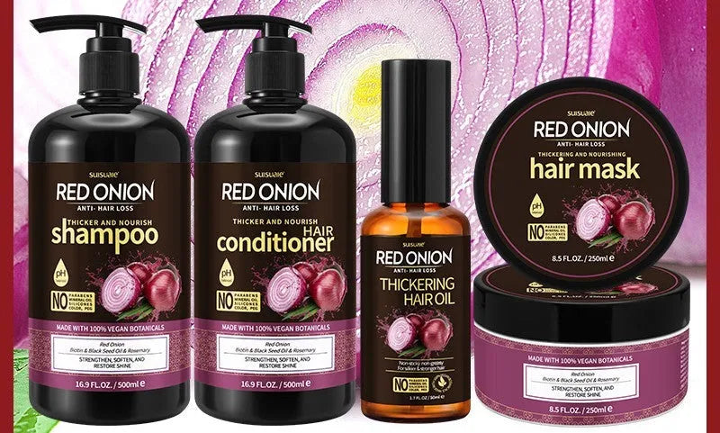 Red onion shampoo conditioner complete four-piece hair care set with bottles
