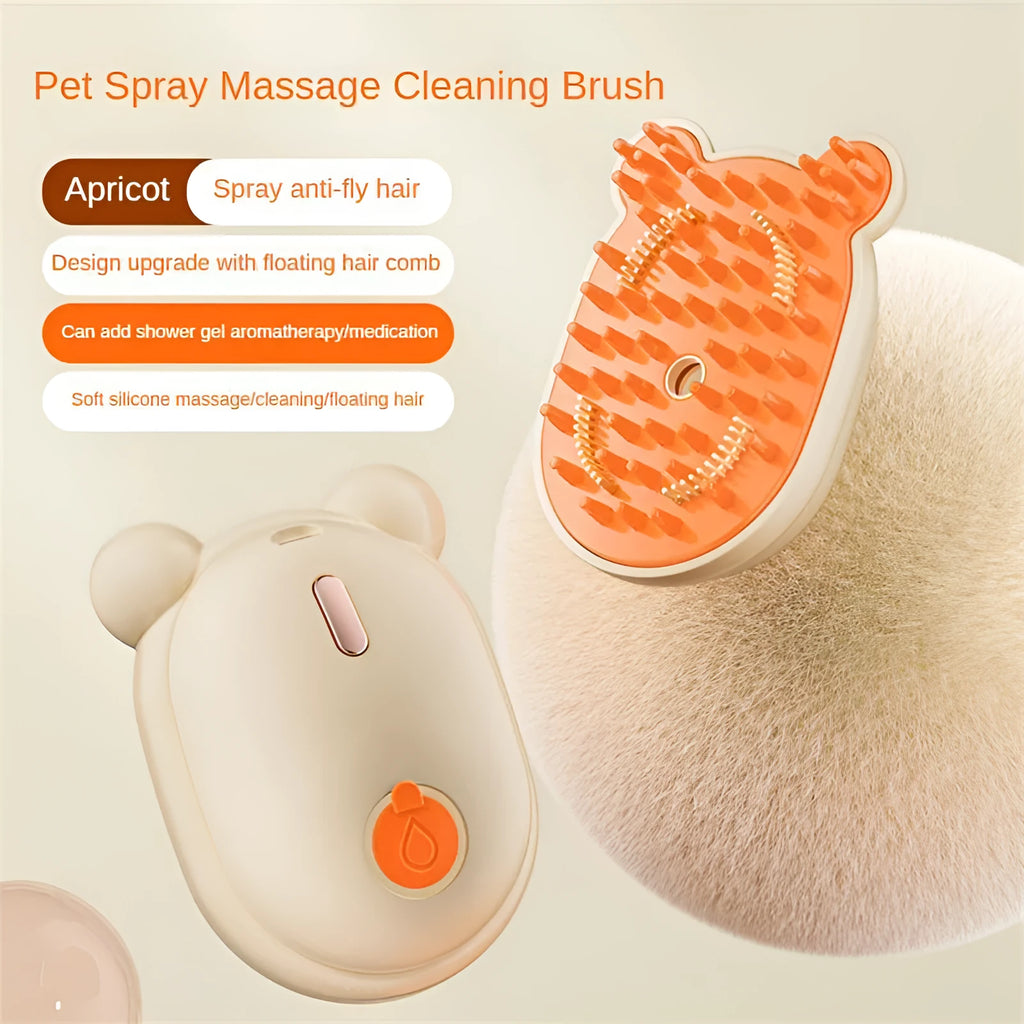 Pink and yellow 3-in-1 pet grooming brush with spray mist function and removable silicone comb