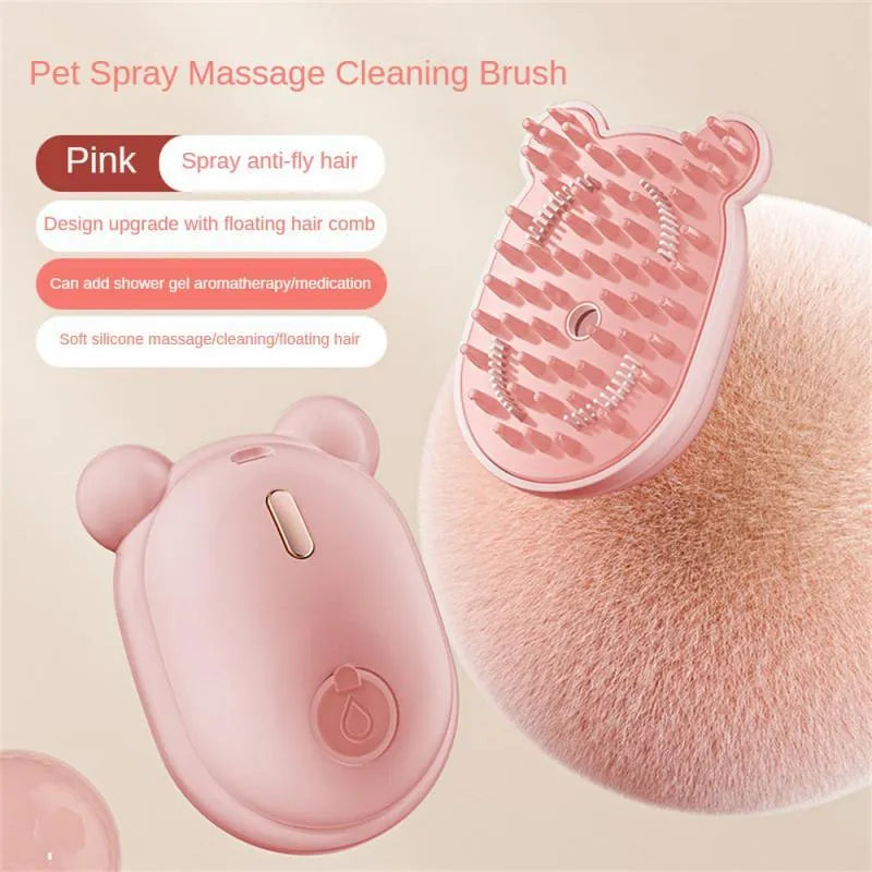 Pink and yellow 3-in-1 pet grooming brush with spray mist function and removable silicone comb