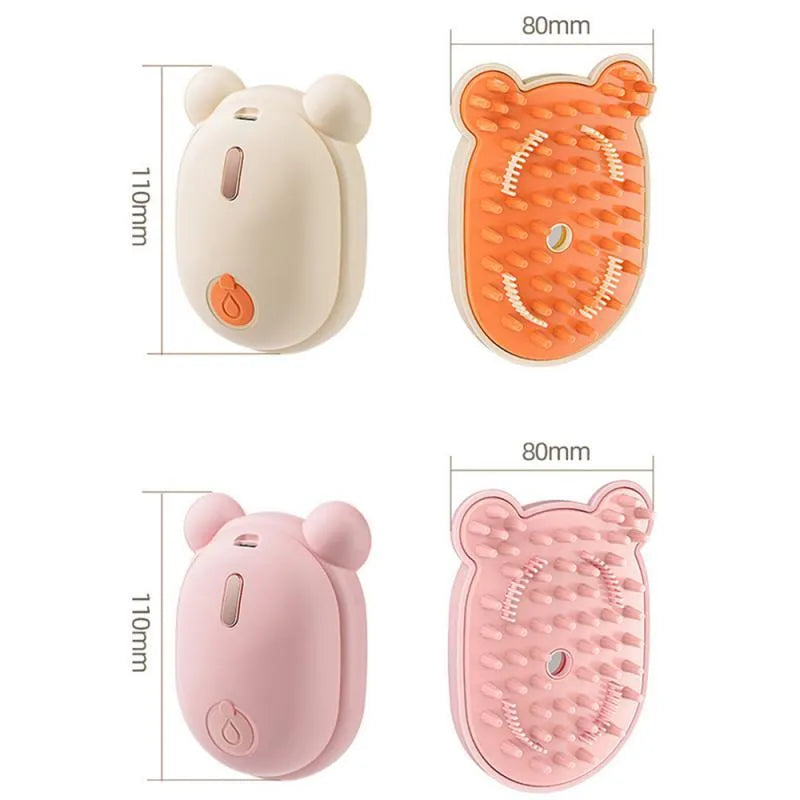 Pink and yellow 3-in-1 pet grooming brush with spray mist function and removable silicone comb
