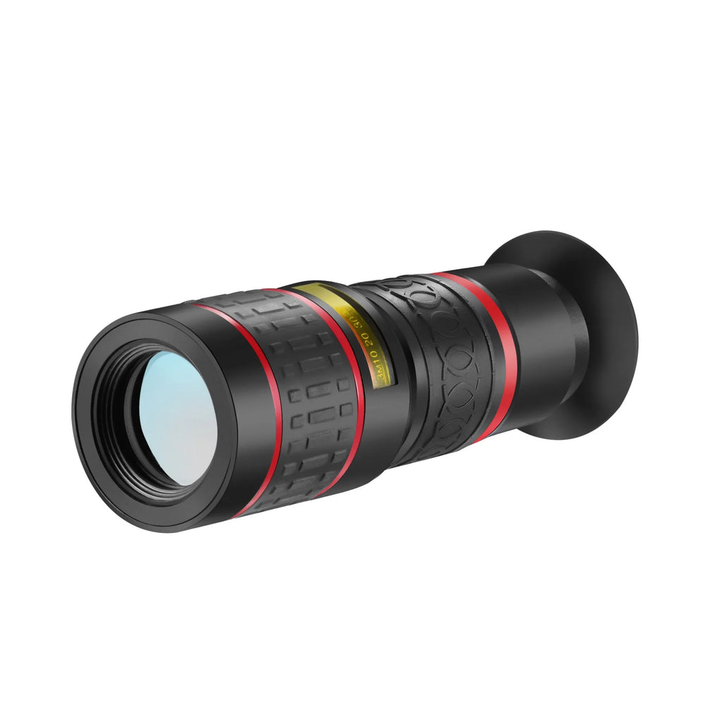 20x magnification smartphone telescope with universal mounting clip and plastic housing on a wooden table.
