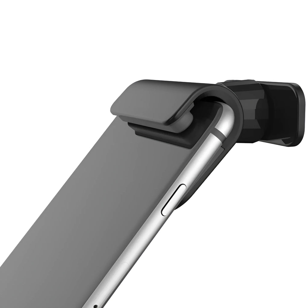Black universal car phone holder with 360-degree rotation mounted on car dashboard holding smartphone