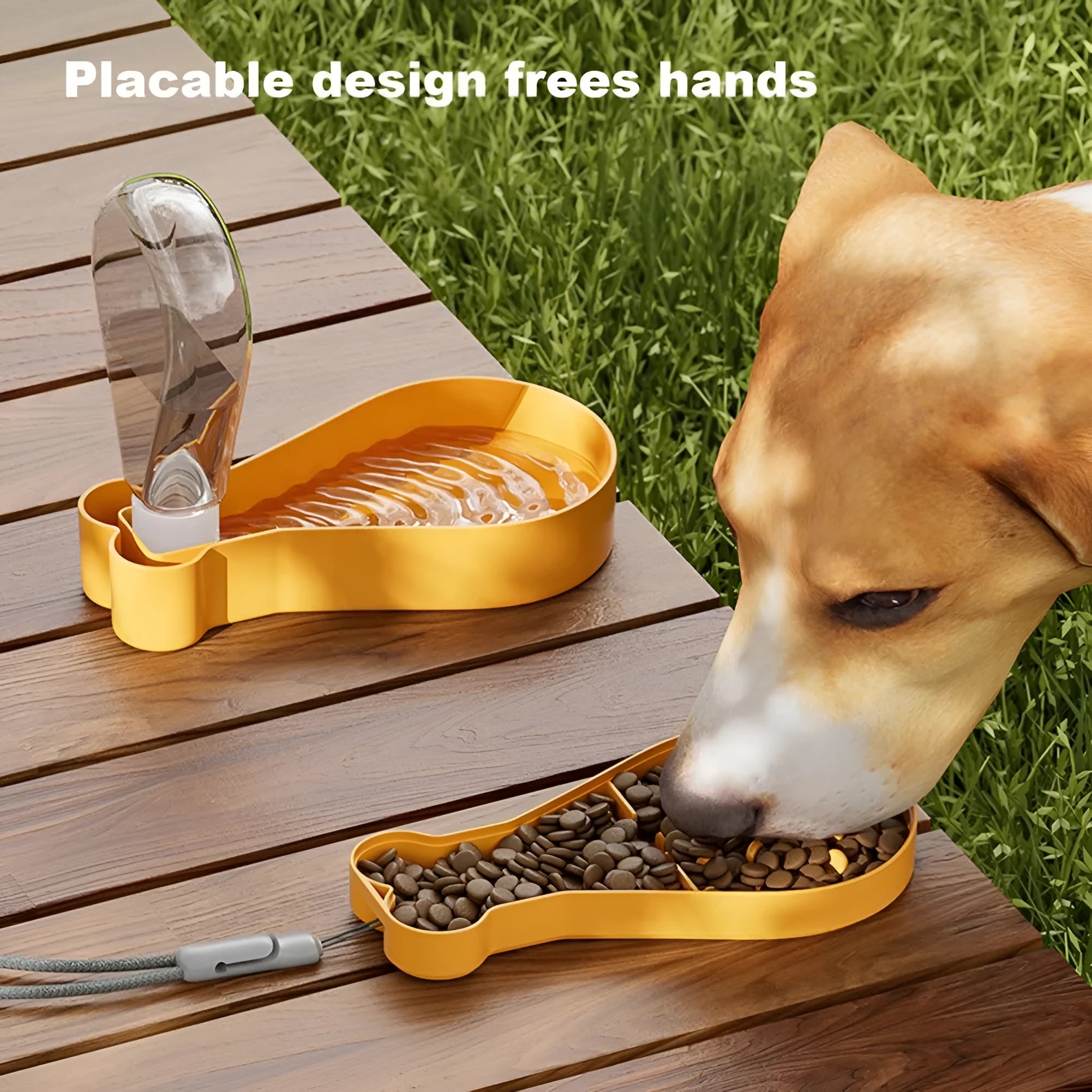 Portable 2-in-1 pet water feeder in orange with water bottle and food container compartments, shortened sling for carrying
