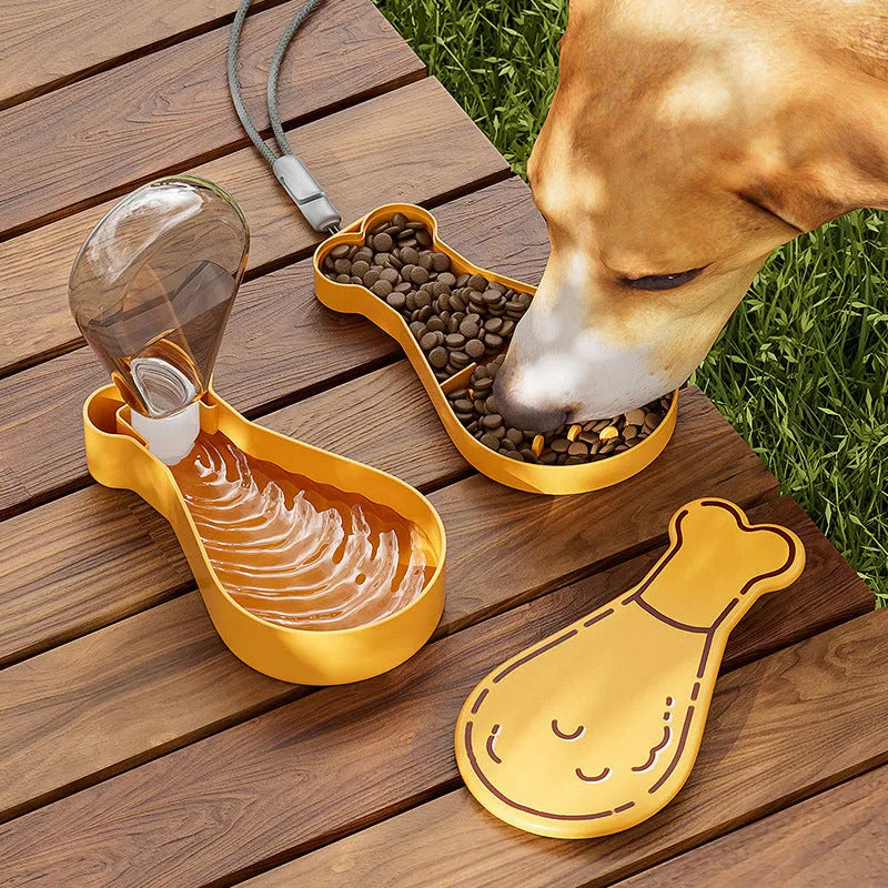 Portable 2-in-1 pet water feeder in orange with water bottle and food container compartments, shortened sling for carrying