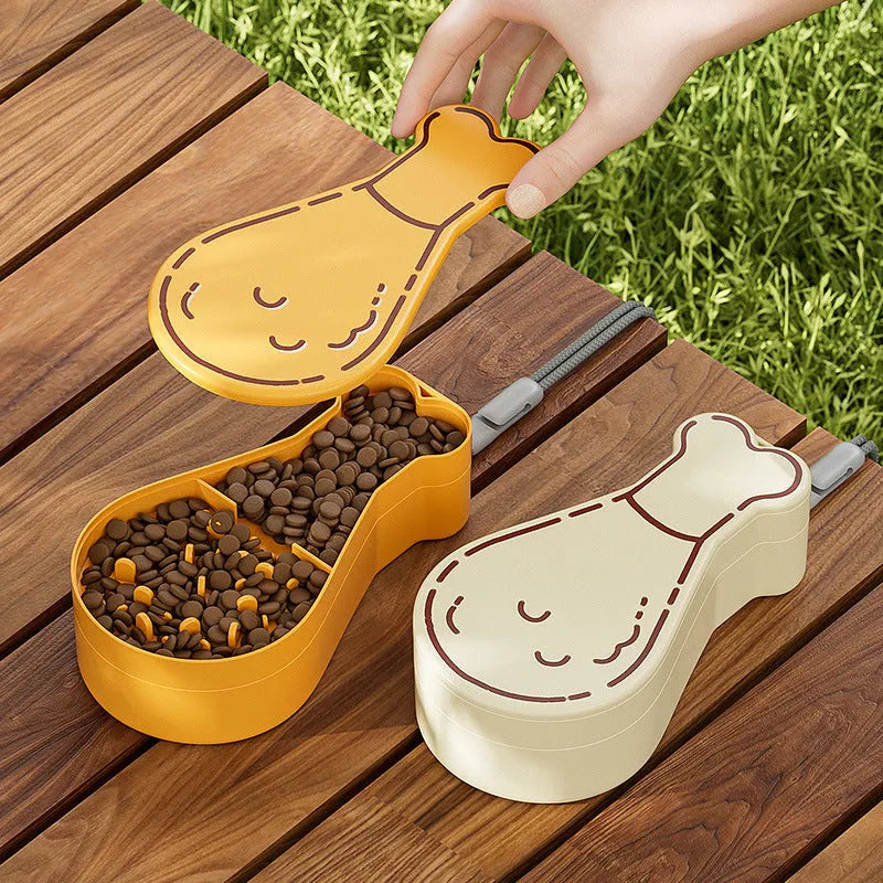 Portable 2-in-1 pet water feeder in orange with water bottle and food container compartments, shortened sling for carrying