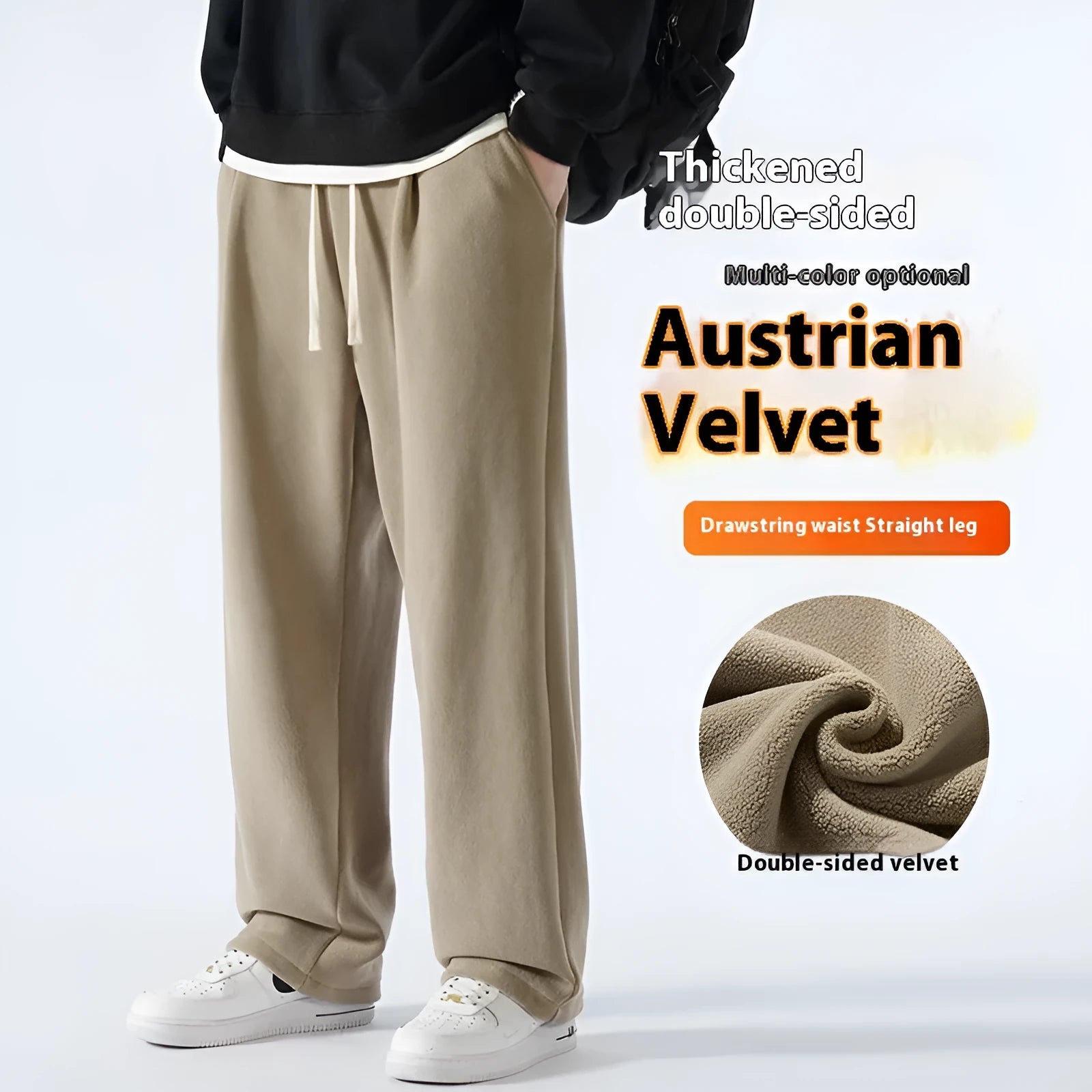 Men's fleece-lined winter casual trousers in apricot colour with drawstring waist and loose fit design