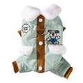 Warm thick quilted cotton dog coat with fleece-lined collar and pockets, cute dog embroidery, and leash ring in green