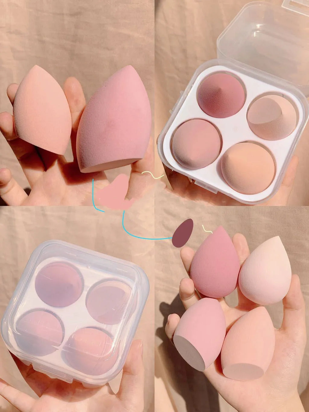 Four synthetic makeup sponges in grape, mango, mint, and peach colours, each measuring 6cm