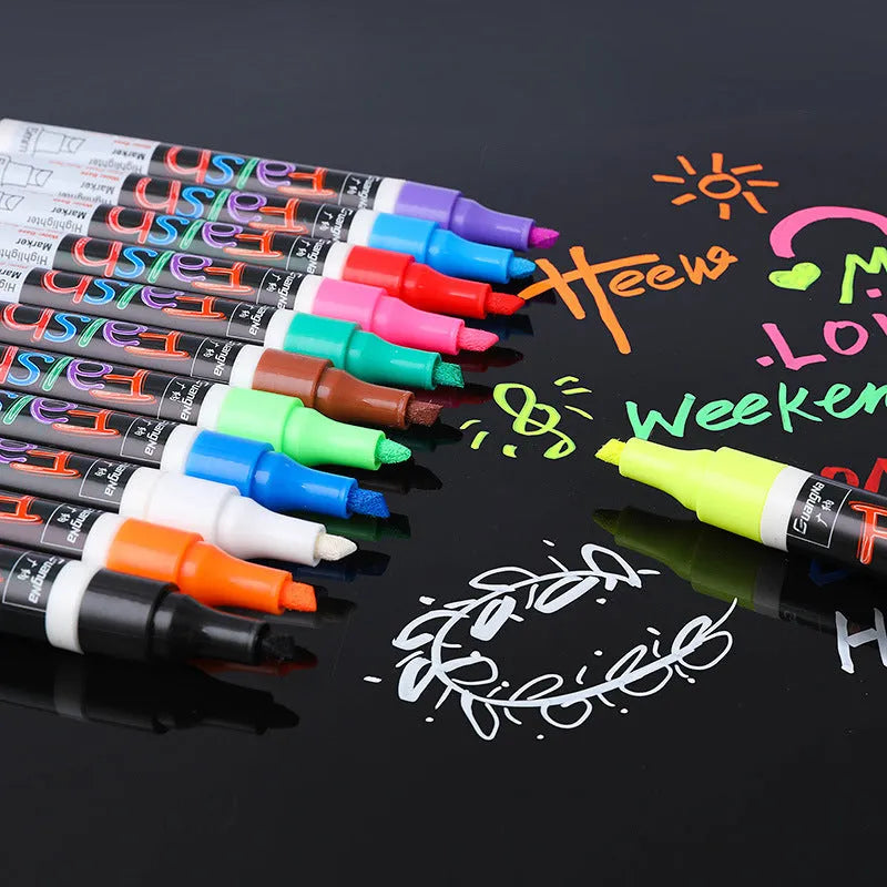 Electronic fluorescent plate highlighter with plastic shell and oblique tip, showing 8-colour and 12-colour set options.