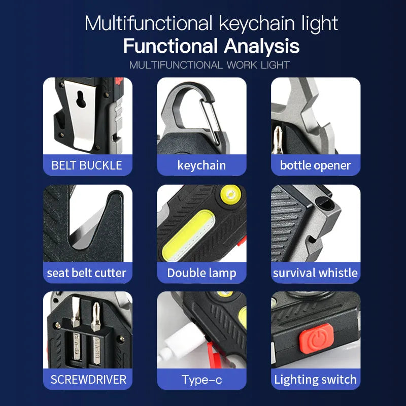 Multifunctional charging emergency light in black with COB and LED panels, mountaineering buckle, and bottle opener