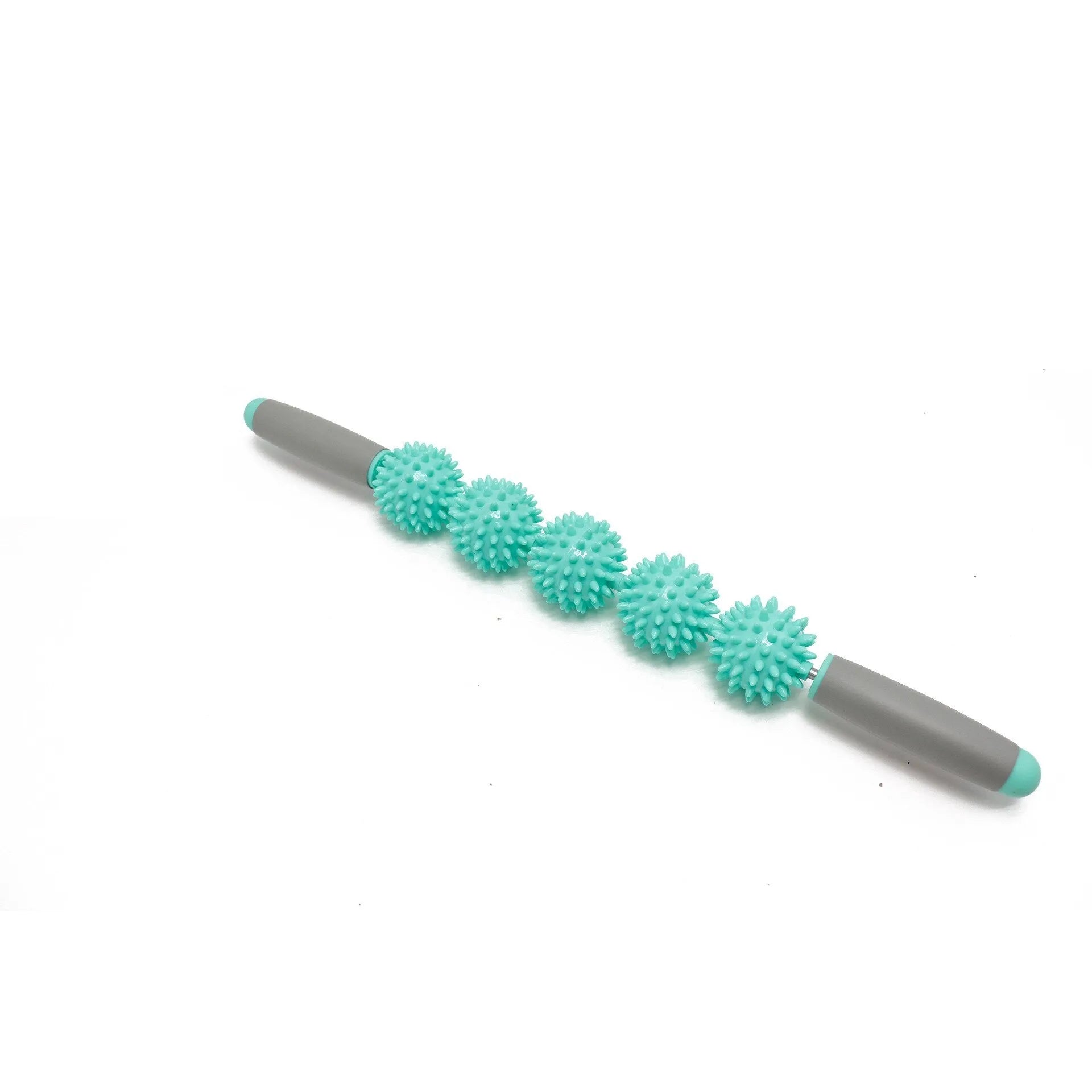 Anti cellulite massager stick with hedgehog-shaped balls and green padded ergonomic handles on a white background