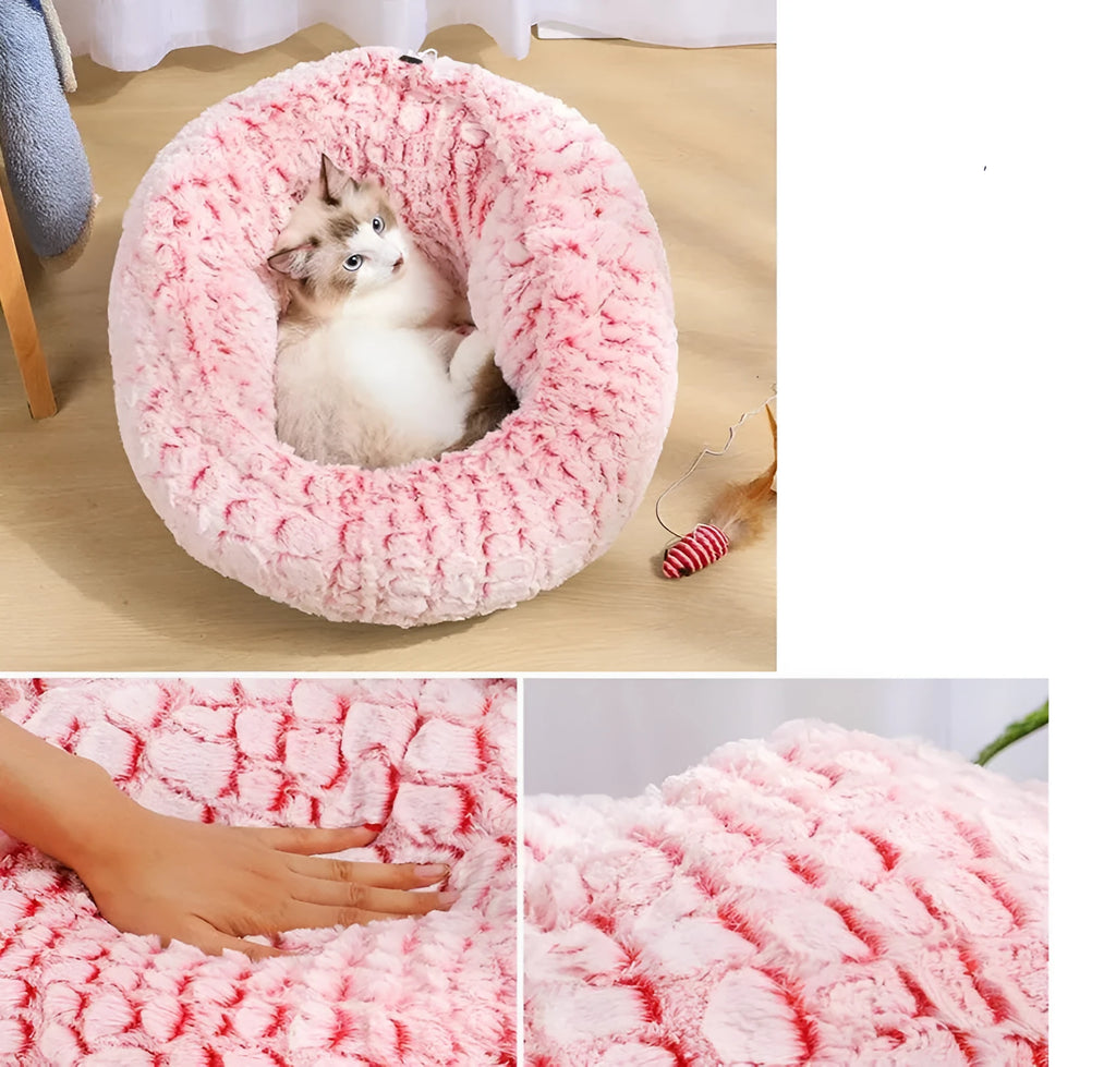 Round grey pet bed with soft PV velvet surface and non-slip dot plastic bottom, for cats and dogs