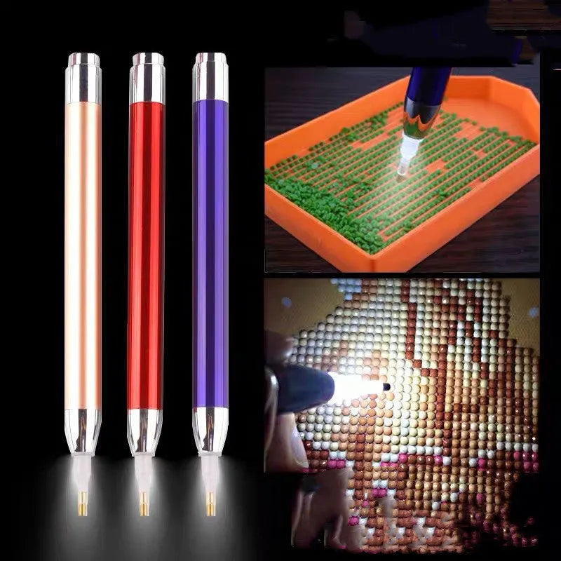 Luminous diamond painting drill pen in aluminium alloy, single-head, blue colour, with a simple metal frame.