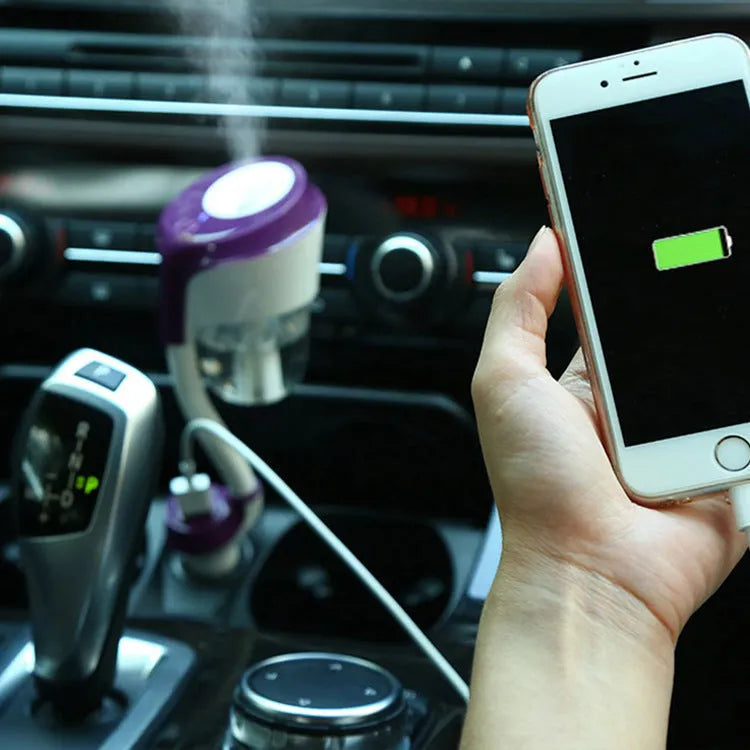 Mini car USB humidifier in black with 50ml tank, compact 68x70x210mm size for vehicle cup holder