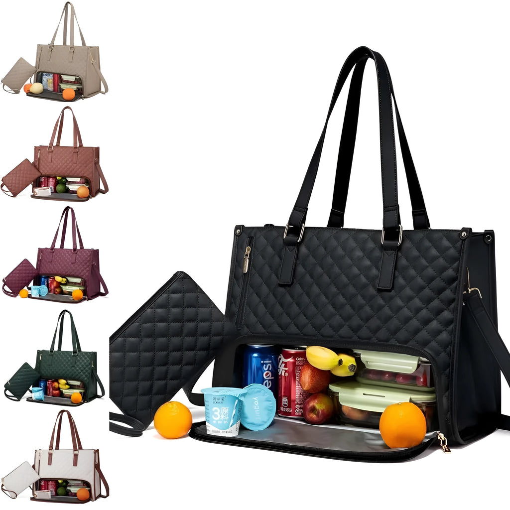 Quilted lunch tote bag for women with thermal insulation, laptop compartment, matching wallet, in black, front view