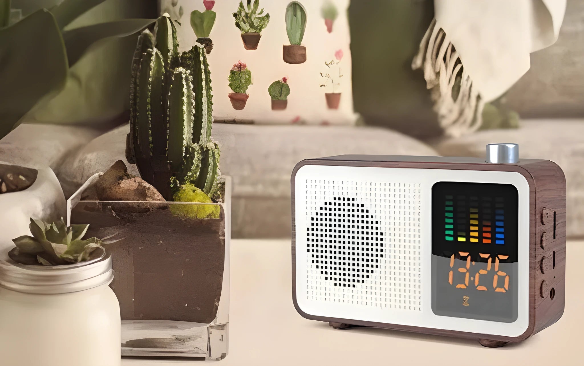 Brown retro Bluetooth speaker with FM radio, fabric grill, and telescopic antenna