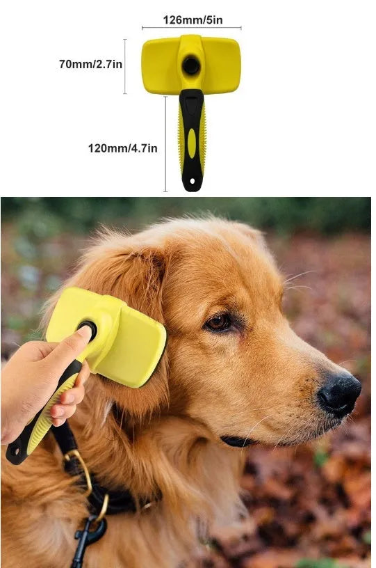 Green automatic retractable pet comb with stainless steel bristles on white background
