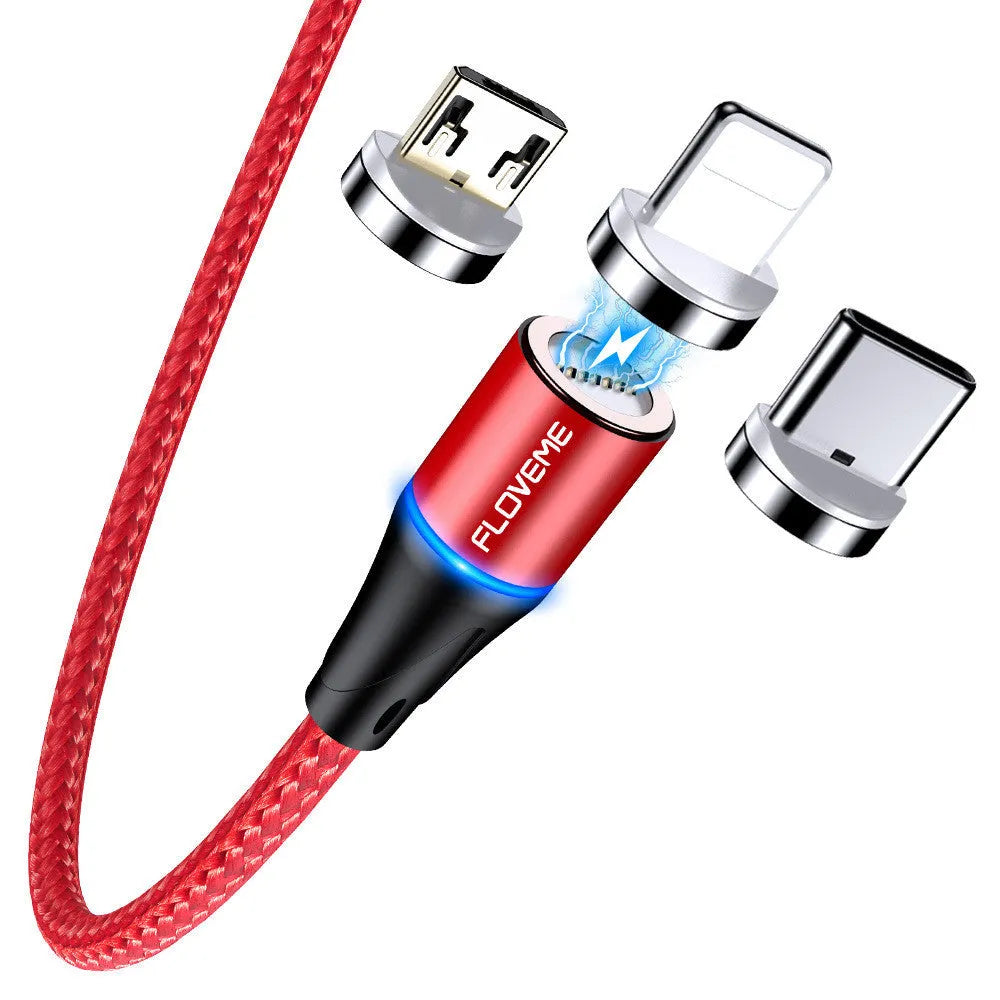 Black magnetic data cable with USB-C connector and side LED light, laid flat next to its aluminium foil packaging.