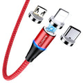 Black magnetic data cable with USB-C connector and side LED light, laid flat next to its aluminium foil packaging.