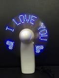 White handheld mini fan with LED love pattern display in blue and red colours