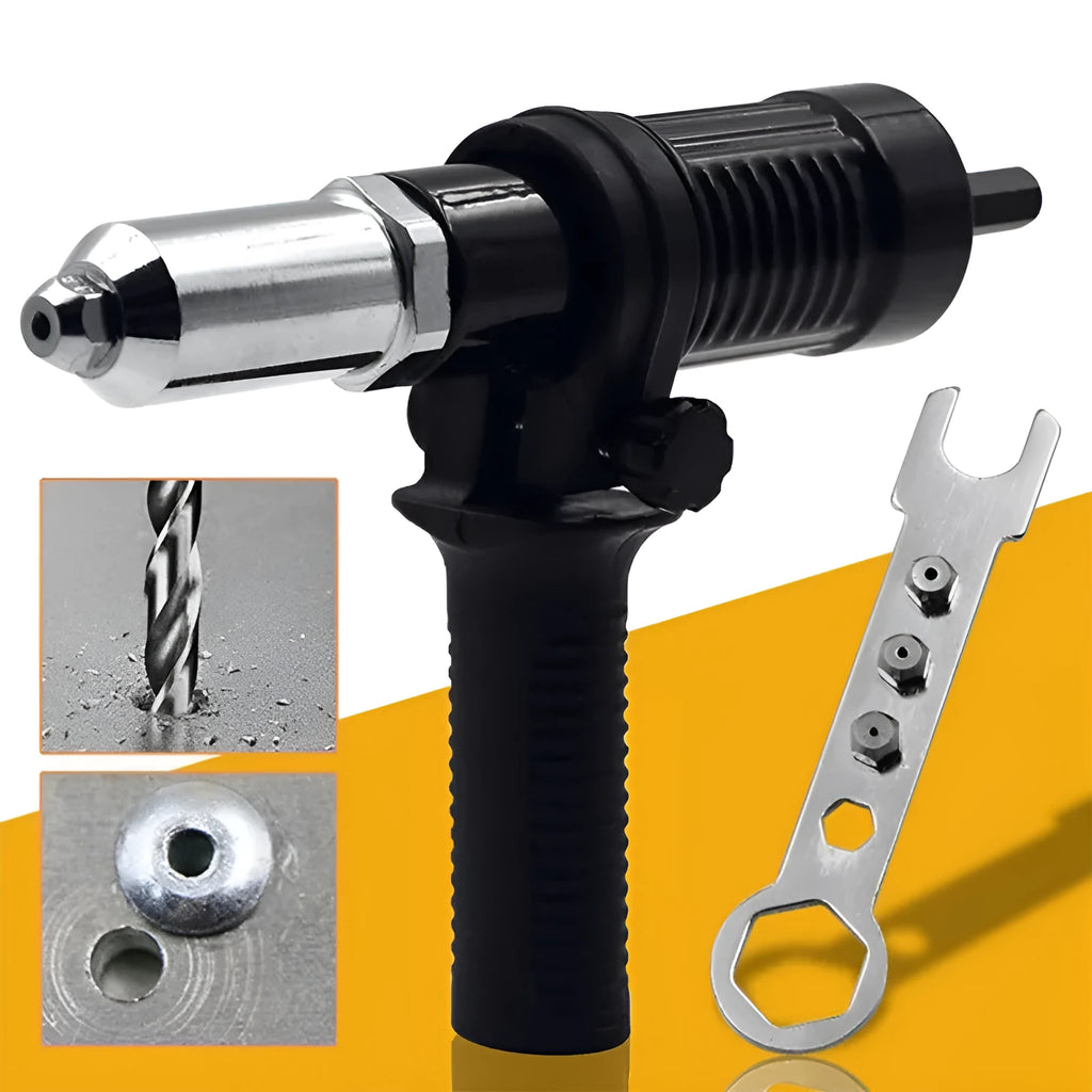Black metal electric drill rivet gun attachment, 173mm long, with alloy steel head and wrench.
