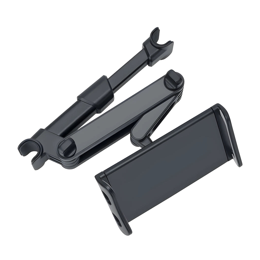 Black car phone holder with rear seat base mount for tablets and smartphones