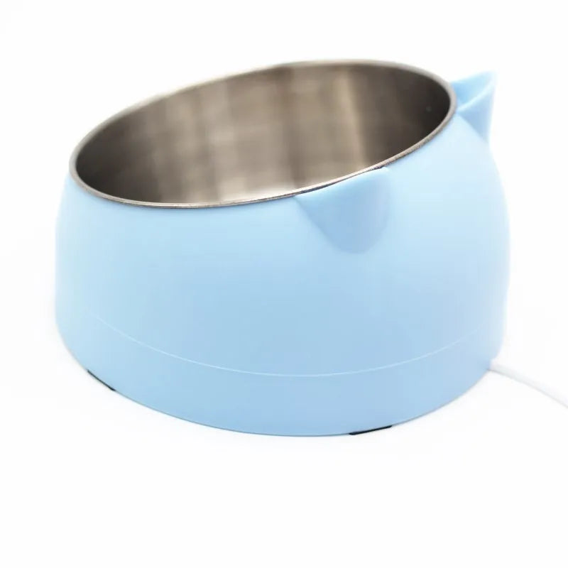 Protective cervical cat bowl oblique mouth pet bowl in food-grade PC with 304 stainless steel liner, anti-knock base, blue colour, M size