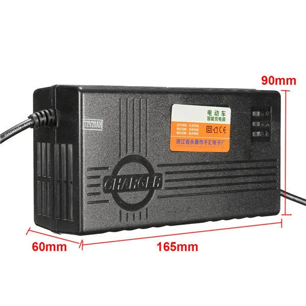 72V20AH electric car charger with compact 165mm black housing and AU/EU/US plug options