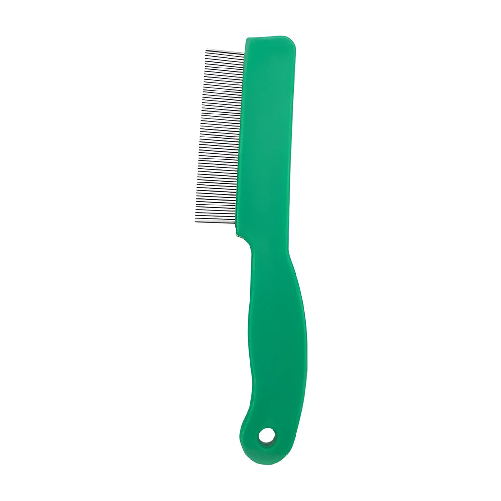 Green plastic handle flea comb with stainless steel pins for dogs and cats, shown next to a ruler indicating 129mm length.
