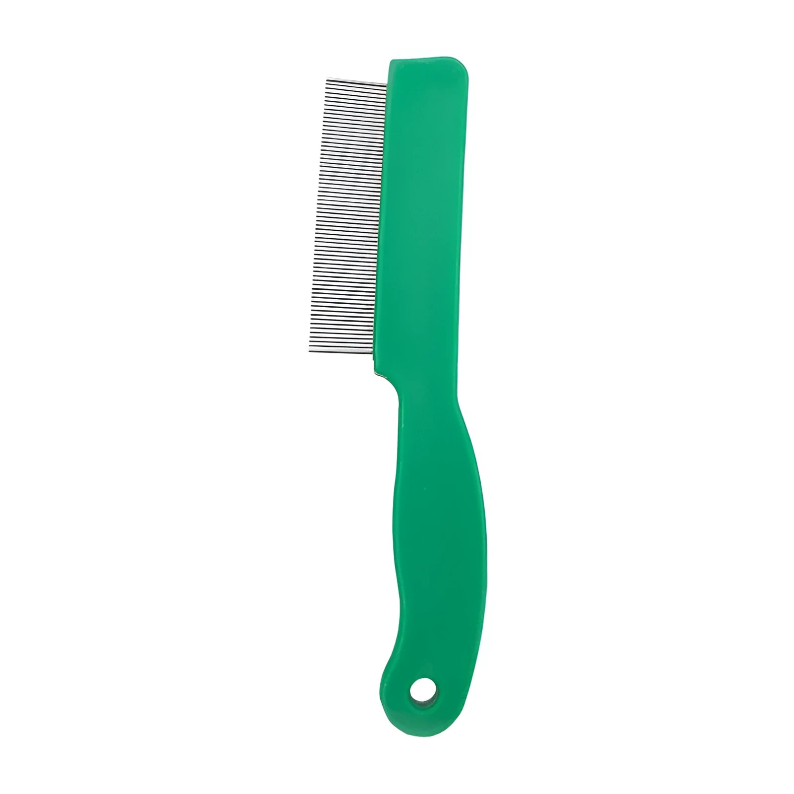 Green plastic handle flea comb with stainless steel pins for dogs and cats, shown next to a ruler indicating 129mm length.
