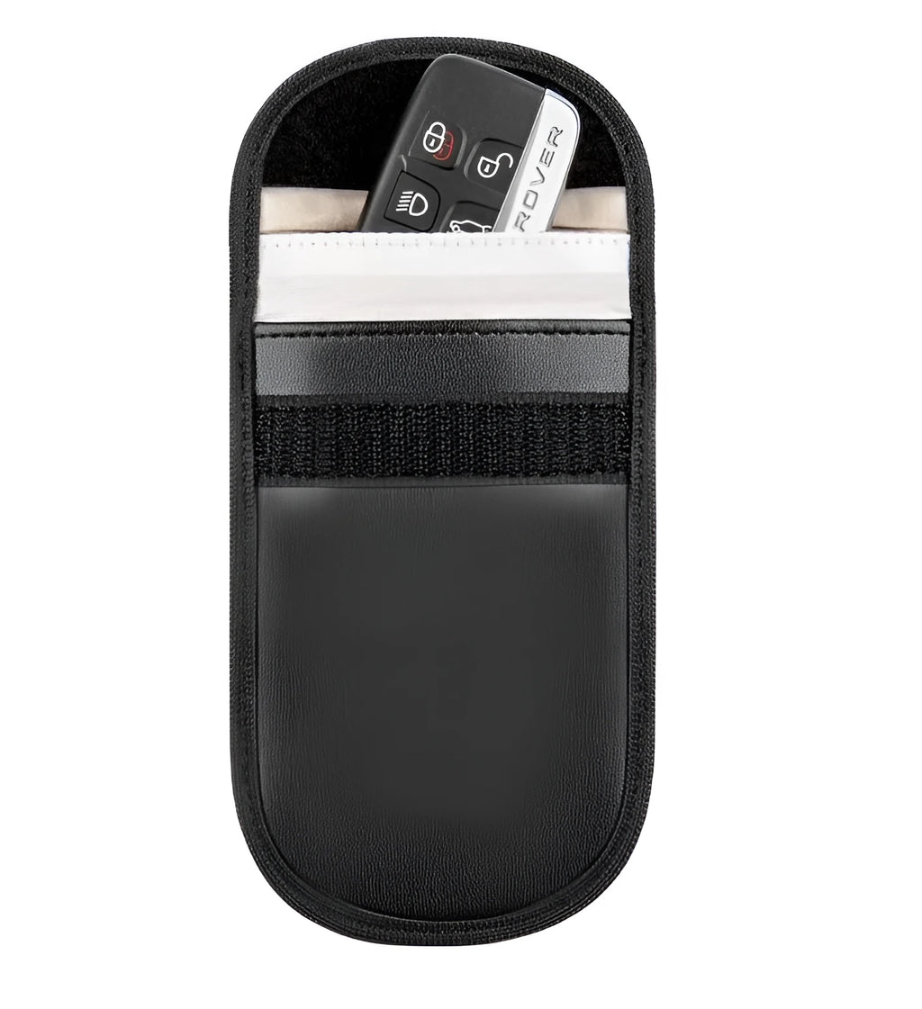 Black microfiber faraday bag for blocking car key and phone signals, measuring 13.5 by 9.5 centimetres.