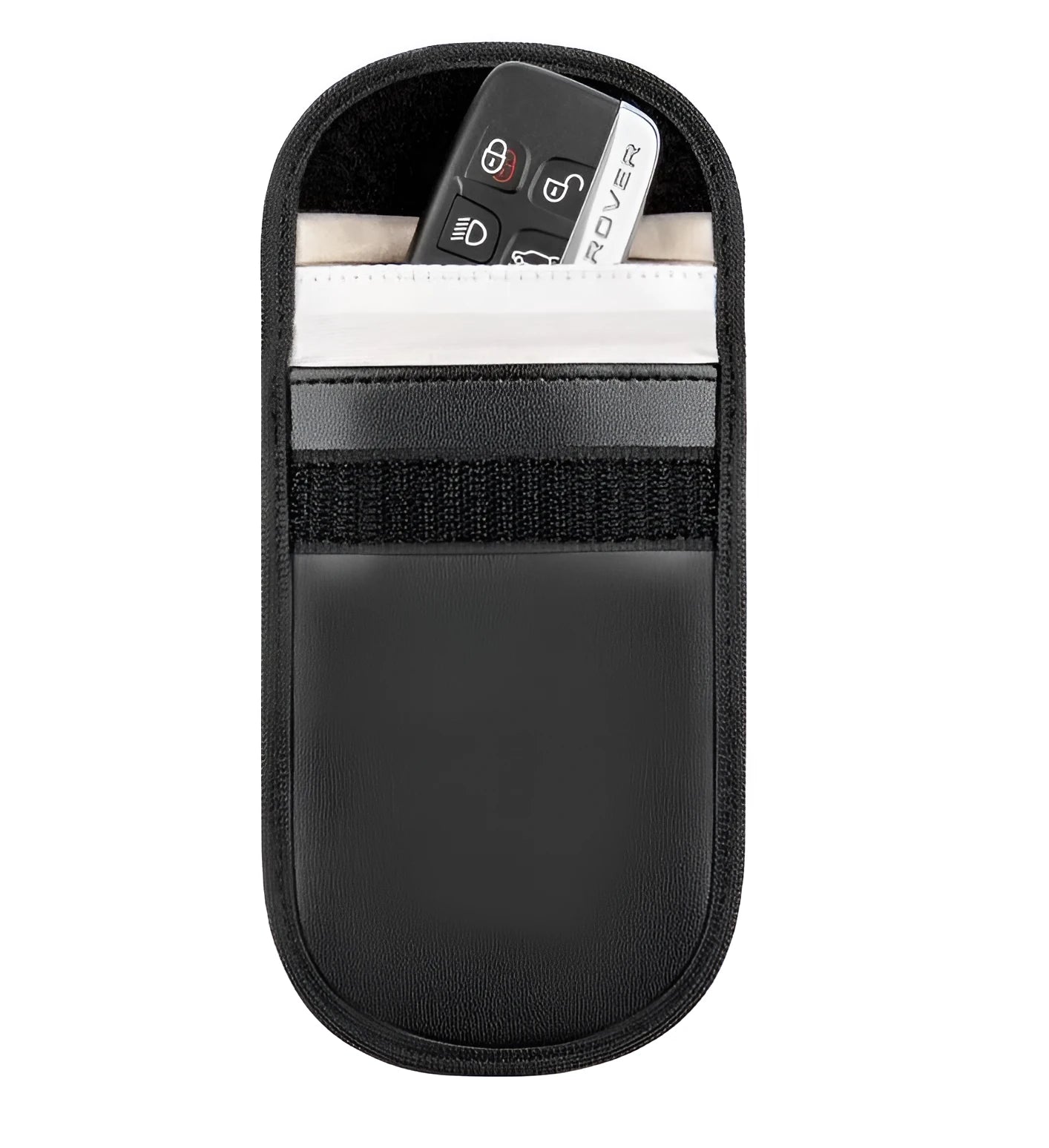 Black microfiber faraday bag for blocking car key and phone signals, measuring 13.5 by 9.5 centimetres.