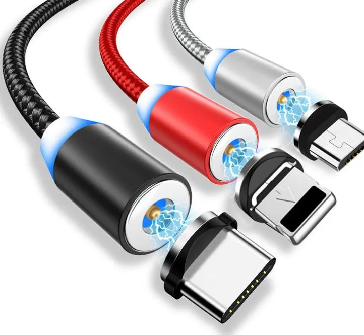 YBD 1 metre cotton braided magnetic charging cable with Lightning, Micro USB and Type-C connectors.