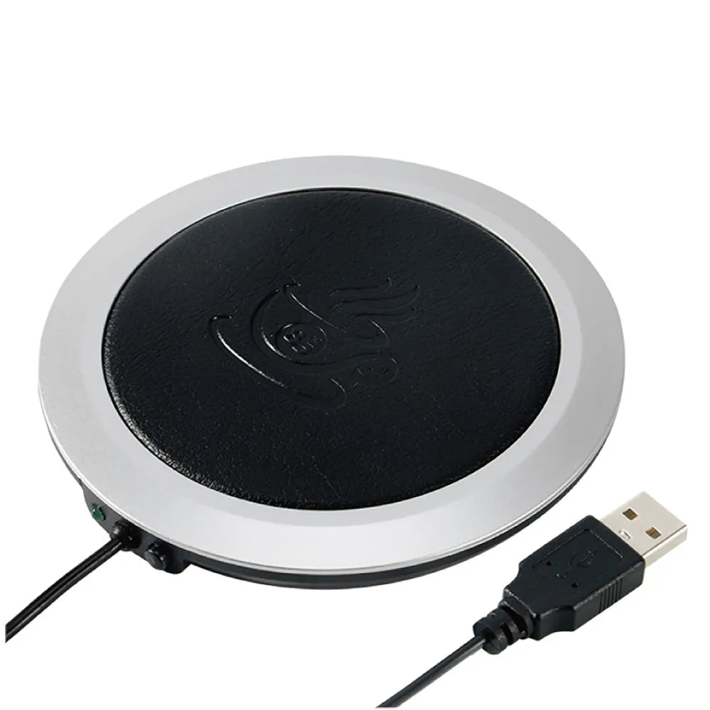 USB heating coaster in PU artificial leather on a desk with a coffee cup, available in black, blue, or orange