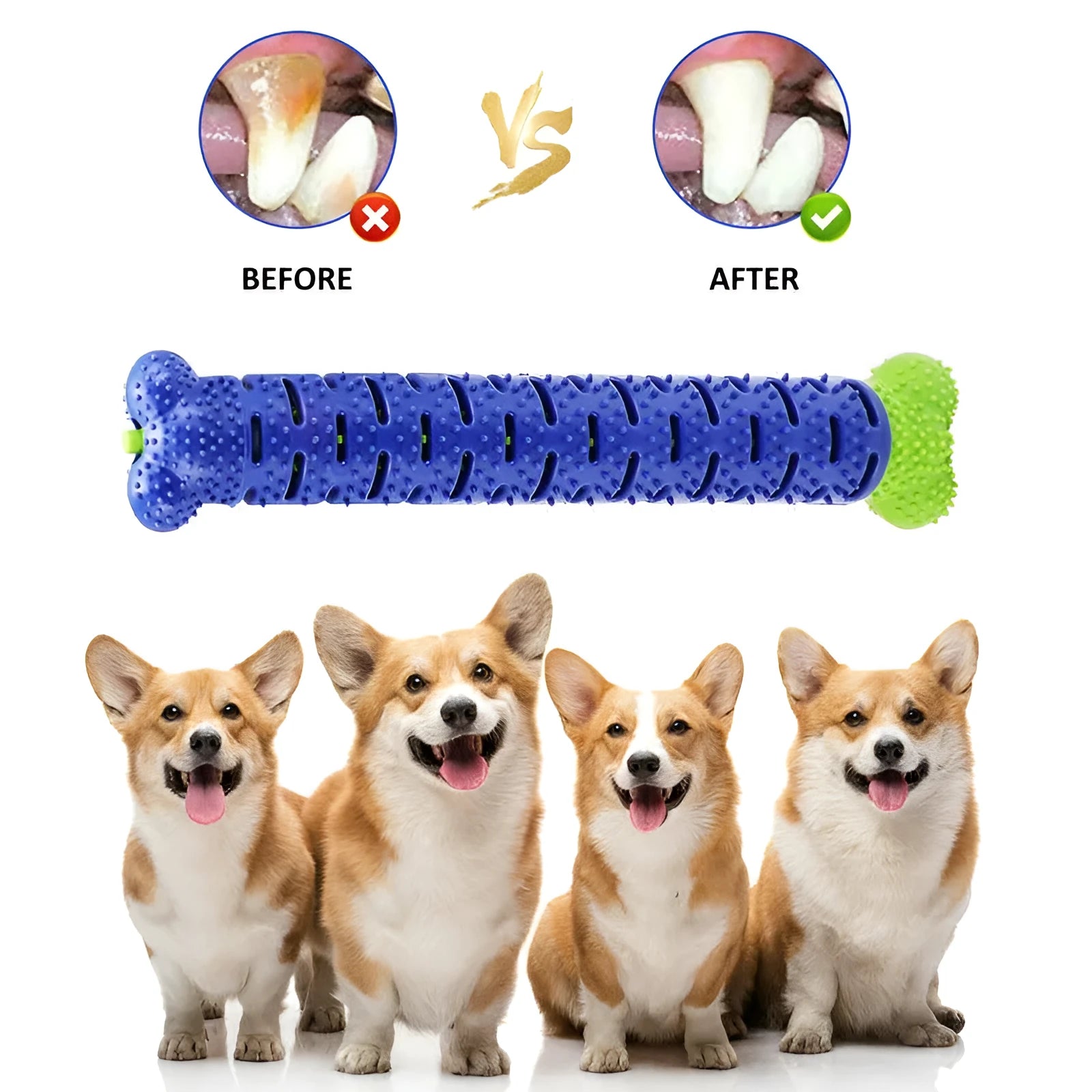 Blue silicone dog chew toy toothbrush with treat dispenser on white background