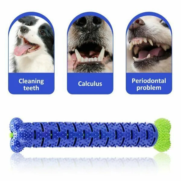 Blue silicone dog chew toy toothbrush with treat dispenser on white background