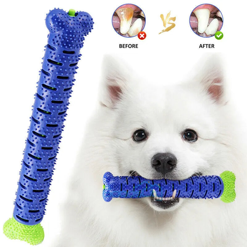 Blue silicone dog chew toy toothbrush with treat dispenser on white background
