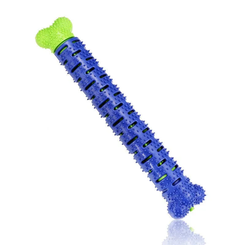 Blue silicone dog chew toy toothbrush with treat dispenser on white background