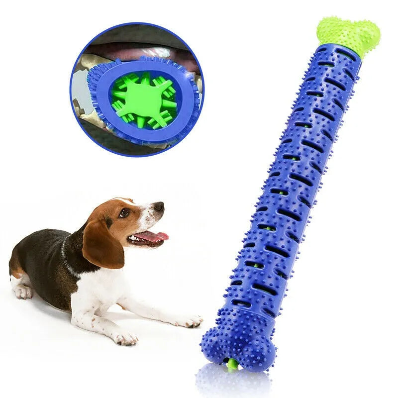 Blue silicone dog chew toy toothbrush with treat dispenser on white background