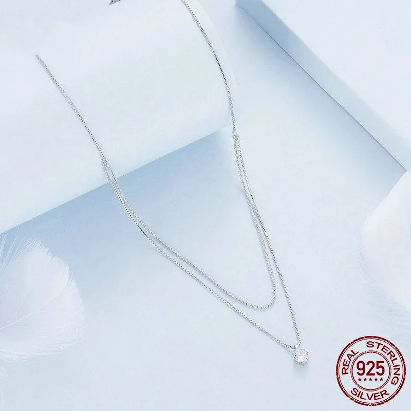 Double-layer sterling silver necklace with pearl chain for women