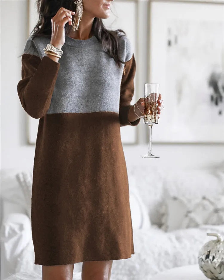 Brown women's polar fleece dress with long sleeves, round neck, and patchwork craft detail.