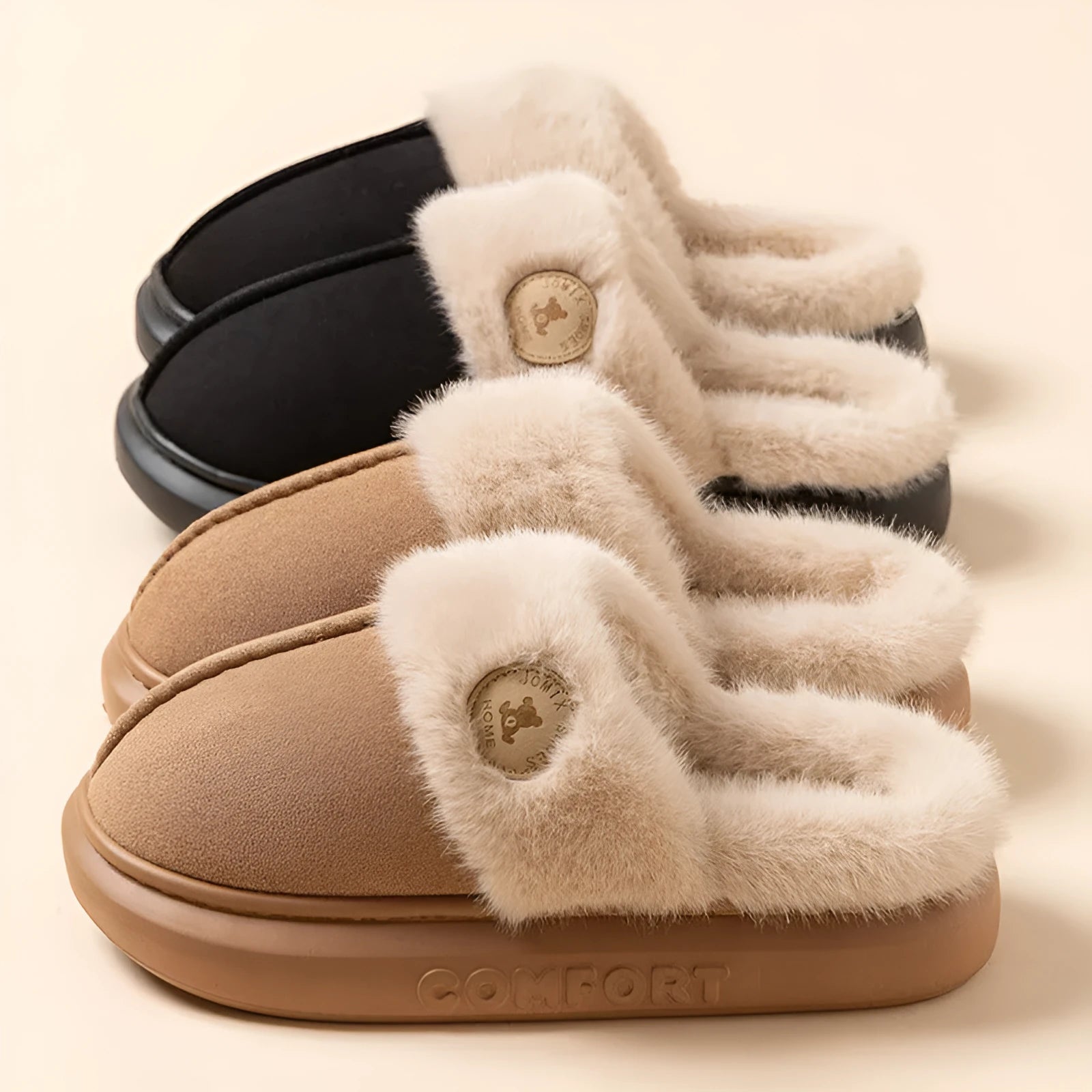 Plush winter slippers with thick PVC sole and fleece upper in various colours
