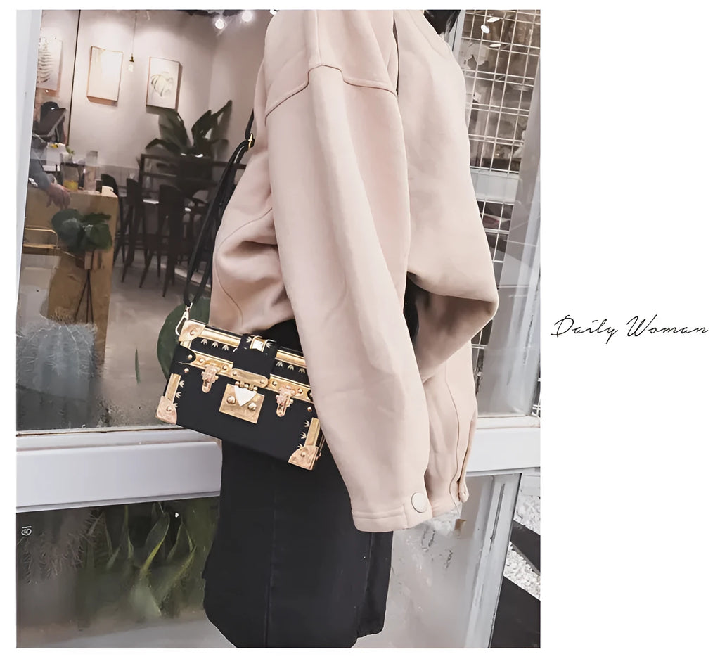 Women's hard PU shoulder bag with flap closure and rivet decoration in black or green