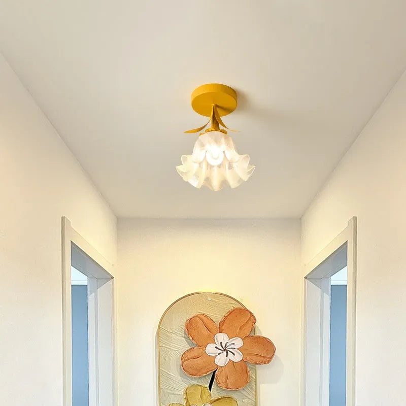 Cream coloured Linglan flower design modern corridor ceiling light with remote control for dimming.
